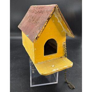Vintage Yellow & Burgundy Wooden Birdhouse Rustic Distressed Decor CM2243